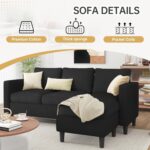 JAMFLY 3-Seat Convertible L-Shaped Sectional Sofa with Reversible Ottoman, Upholstered Fabric Couch for Small Living Rooms, Modern Modular Couch for Apartment, Studio & Loft, Black - Image 7