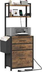 3 Drawer File Cabinet with Charging Station, 45''H, 3-Tier Filing Cabinet for Home Office, 11''*16'' for Small Printer, Fabric Drawer Fits Letter/A4, Tall Printer Stand, Rustic Brown - Image 2