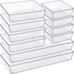 Criusia Drawer Organizer, 10 Pack Large Clear Plastic Set, 3 Size Versatile Bathroom and Vanity Organizer Trays, Storage Bins for Makeup, Bedroom, Kitchen Utensils - Image 2
