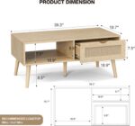 Coffee Table with Storage, Boho Dining Table with Rattan Drawer and Solid Wood Legs, Small Coffee Tables for Living Room, Oak - Image 3