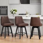 Counter Height Swivel Bar Stool, 24" Upholstered PU Leather Barstools Set of 3, Counter Stool Chair with Back & Solid Wood Legs for Kitchen Island Dining Room (Brown) - Image 2