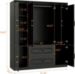 Wooden Armoire Wardrobe Closet：Modern Armoire Wardrobe Closet with 4 Doors, 2 Drawers and Hanging Rods for Tall Cabinet, Large Capacity Clothes Storage Cabinet for Bedroom Home, Black - Image 3