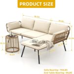 DWVO Patio Furniture Set 3 Piece Outdoor Wicker Conversation Set with Detachable Cushions and Coffee Table L-Shaped Sectional Sofa Set Outdoor Furniture Set for Backyard Porch Deck - Beige - Image 4