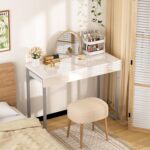 GreenForest Vanity Desk with 2 Drawers,Glossy Desktop White Desk for Bedroom,Makeup Table with Storage Space,Small Desk for Home Office,39 inch No Mirror - Image 4