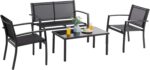 Vongrasig 4 Pieces Patio Furniture Sets,Outdoor Patio Conversation Sets with Glass Coffee Table, Small Porch Balcony Furniture, Patio Table and Chairs Set for Garden, Backyard (Black) - Image 2