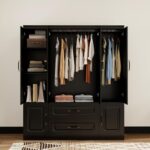 Wooden Armoire Wardrobe Closet：Modern Armoire Wardrobe Closet with 4 Doors, 2 Drawers and Hanging Rods for Tall Cabinet, Large Capacity Clothes Storage Cabinet for Bedroom Home, Black - Image 5