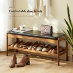 Shoe Rack Bench Entryway Bamboo Shoe Storage Bench with Leather Cushion 2 Tiers Shoe Rack Entryway Bench for Hallway, Living Room,Bedroom(Black Bench top+Brown Frame) - Image 8