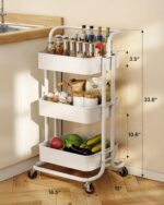 Pipishell 3 Tier Mesh Utility Cart, Rolling Metal Organization Cart with Handle and Lockable Wheels, Multifunctional Storage Shelves for Kitchen Living Room Office White - Image 3