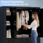 Wooden Armoire Wardrobe Closet：Modern Armoire Wardrobe Closet with 4 Doors, 2 Drawers and Hanging Rods for Tall Cabinet, Large Capacity Clothes Storage Cabinet for Bedroom Home, Black - Image 9