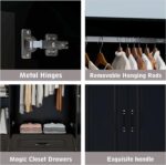 Wooden Armoire Wardrobe Closet：Modern Armoire Wardrobe Closet with 4 Doors, 2 Drawers and Hanging Rods for Tall Cabinet, Large Capacity Clothes Storage Cabinet for Bedroom Home, Black - Image 6