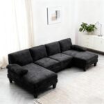 Karl home 111" Sectional Sofa U-Shaped 4-Seat Couch with Chaises Wood Grian Legs Chenille Fabric Upholstered for Living Room, Apartment, Office, Black - Image 2