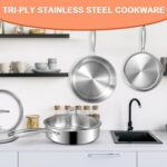 EWFEN 12 Inch Tri-Ply Stainless Steel Frying Pan, Compatible with All Cooktops Up to 600℉, Large Frying Pan with lids, Induction-Ready Skillet, Dishwasher and Oven Safe, Even Heat, 12" Saute Pan+Lid - Image 8