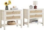 SICOTAS Night Stands Set of 2 for Bedroom, Large Bedside Tables with Drawer & Open Shelf, Wide Boho Rattan Nightstand Set Narrow Side Table for Master Bedroom - Image 10