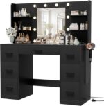 Furmax Vanity Desk with Mirror, LED Lights and Power Outlet Makeup Vanity Table with 7 Drawers and 6 Storage Shelves Dressing Table for Bedroom Dressing Room (Black) - Image 2
