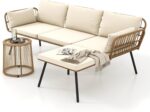 DWVO Patio Furniture Set 3 Piece Outdoor Wicker Conversation Set with Detachable Cushions and Coffee Table L-Shaped Sectional Sofa Set Outdoor Furniture Set for Backyard Porch Deck - Beige - Image 8