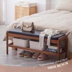 Shoe Rack Bench Entryway Bamboo Shoe Storage Bench with Leather Cushion 2 Tiers Shoe Rack Entryway Bench for Hallway, Living Room,Bedroom(Black Bench top+Brown Frame) - Image 7