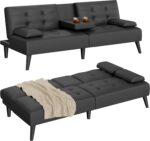 Shintenchi Futon Sofa Bed, Leather Foldable Couch, Reclining Sleeper w/Removable Armrests, Upholstered Loveseat w/Folding Cup Holders for Home, Office, Black - Image 4