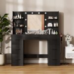 Furmax Vanity Desk with Mirror, LED Lights and Power Outlet Makeup Vanity Table with 7 Drawers and 6 Storage Shelves Dressing Table for Bedroom Dressing Room (Black) - Image 5