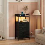 Furnulem Night Stand with Charging Station, Black Nightstand with Drawers and Led Light, Tall Dresser for Bedroom, Bedside Table with Fabric Storage Bins, Metal Frame, Wood Furniture - Image 3