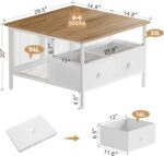 FABATO Flip Top Coffee Table, Square Coffee Table Metal Wood, Farmhouse Lift Up Coffee Tables Cocktail Table with Wire Mesh Barn Door and Storage, Steel Frame, Small Tea Table for Living Room, White - Image 3