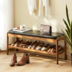 Shoe Rack Bench Entryway Bamboo Shoe Storage Bench with Leather Cushion 2 Tiers Shoe Rack Entryway Bench for Hallway, Living Room,Bedroom(Black Bench top+Brown Frame) - Image 2