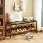 Shoe Rack Bench Entryway Bamboo Shoe Storage Bench with Leather Cushion 2 Tiers Shoe Rack Entryway Bench for Hallway, Living Room,Bedroom(Black Bench top+Brown Frame) - Image 9