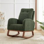 Rocking Chair Nursery, Nursery Rocking Chairs with Side Pocket, Teddy Fabric Glider Rocker Nursing Chair with High Back for Living Room, Bedroom, Green - Image 7
