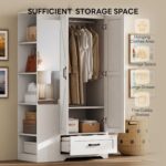 LIKIMIO Armoire Wardrobe Closet 70 Inches, Large Storage with Mirror, 2 Doors, Drawer, and Shelves, Modern Bedroom Freestanding Wooden Wardrobe Combination with Hanging Rail, White - Image 4
