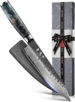 Japanese Chef Knife, 8 Inch Damascus Kitchen Knife with VG10 Steel Core, Professional Black Forged Kitchen Knives with Ergonomic Handle, Leather Sheath & Luxury Gift Box, Cooking Gifts for Men Women - Image 2