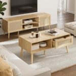 Coffee Table with Storage, Boho Dining Table with Rattan Drawer and Solid Wood Legs, Small Coffee Tables for Living Room, Oak - Image 4