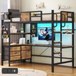 Loft Bed with Desk,Twin Loft bed with Desk & LED Lights and Charging Station,Bunk Bed with Desk & 5 Large Drawer Cabinets and 2 open Shelves,Loft Bed Twin Size with Safety Guard Ladder,Vintage Brown - Image 2