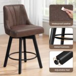 Counter Height Swivel Bar Stool, 24" Upholstered PU Leather Barstools Set of 3, Counter Stool Chair with Back & Solid Wood Legs for Kitchen Island Dining Room (Brown) - Image 8