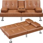 Yaheetech Convertible Sofa Bed Adjustable Couch Sleeper Modern Faux Leather Home Recliner Reversible Loveseat Folding Daybed Guest Bed, Removable Armrests, Cup Holders, 3 Angles, 772lb Capacity, Brown - Image 2