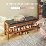 Shoe Rack Bench Entryway Bamboo Shoe Storage Bench with Leather Cushion 2 Tiers Shoe Rack Entryway Bench for Hallway, Living Room,Bedroom(Black Bench top+Brown Frame) - Image 6