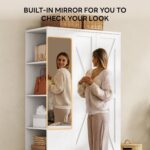 LIKIMIO Armoire Wardrobe Closet 70 Inches, Large Storage with Mirror, 2 Doors, Drawer, and Shelves, Modern Bedroom Freestanding Wooden Wardrobe Combination with Hanging Rail, White - Image 5