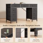PRAISUN 47 Inch Office Desk with Outlets, Computer Desk with 9 Fabric Drawers, Writing Gaming Work Study Desk for Bedroom, Living Room, Home Office, Large Storage, Black - Image 8