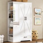LIKIMIO Armoire Wardrobe Closet 70 Inches, Large Storage with Mirror, 2 Doors, Drawer, and Shelves, Modern Bedroom Freestanding Wooden Wardrobe Combination with Hanging Rail, White - Image 2