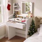Dowinx Makeup Small Vanity Desk with Mirror and Lights, Makeup Vanity with Drawer & Storage Shelves, Makeup Desk with 3 Lighting Modes & Adjustable Brightness, Dressing Table for Women Girls Bedroom - Image 2