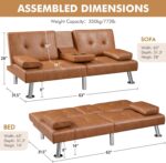 Yaheetech Convertible Sofa Bed Adjustable Couch Sleeper Modern Faux Leather Home Recliner Reversible Loveseat Folding Daybed Guest Bed, Removable Armrests, Cup Holders, 3 Angles, 772lb Capacity, Brown - Image 4