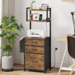 3 Drawer File Cabinet with Charging Station, 45''H, 3-Tier Filing Cabinet for Home Office, 11''*16'' for Small Printer, Fabric Drawer Fits Letter/A4, Tall Printer Stand, Rustic Brown - Image 3