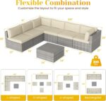 7 Pieces Outdoor Patio Furniture Sets with Glass Tea Table, PE Rattan Wicker Patio Conversation Set with Washable Cushions, Outdoor Patio Sectional Sofa Couch, Beige - Image 3
