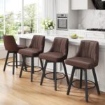 Counter Height Swivel Bar Stool, 24" Upholstered PU Leather Barstools Set of 3, Counter Stool Chair with Back & Solid Wood Legs for Kitchen Island Dining Room (Brown) - Image 5