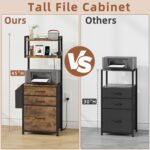 3 Drawer File Cabinet with Charging Station, 45''H, 3-Tier Filing Cabinet for Home Office, 11''*16'' for Small Printer, Fabric Drawer Fits Letter/A4, Tall Printer Stand, Rustic Brown - Image 5
