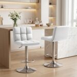 Shahoo Bar Stools Set of 2, Adjustable Height Armless Barstools Swivel Faux Leather Upholstered Kitchen Counter Stools with Mide Back and Footrest, Island Barstool for Kitchen Island, Bar, White - Image 3