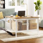 FABATO Flip Top Coffee Table, Square Coffee Table Metal Wood, Farmhouse Lift Up Coffee Tables Cocktail Table with Wire Mesh Barn Door and Storage, Steel Frame, Small Tea Table for Living Room, White - Image 4