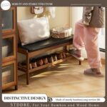 Shoe Rack Bench Entryway Bamboo Shoe Storage Bench with Leather Cushion 2 Tiers Shoe Rack Entryway Bench for Hallway, Living Room,Bedroom(Black Bench top+Brown Frame) - Image 4