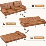 Yaheetech Convertible Sofa Bed Adjustable Couch Sleeper Modern Faux Leather Home Recliner Reversible Loveseat Folding Daybed Guest Bed, Removable Armrests, Cup Holders, 3 Angles, 772lb Capacity, Brown - Image 6