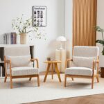 Mid Century Modern Accent Chairs Set of 2, Upholstered Corduroy Armchairs with Lumbar Pillows, Solid Rubberwood Frame for Living Room, Bedroom, Waiting Room, Beige - Image 2