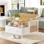 FABATO Flip Top Coffee Table, Square Coffee Table Metal Wood, Farmhouse Lift Up Coffee Tables Cocktail Table with Wire Mesh Barn Door and Storage, Steel Frame, Small Tea Table for Living Room, White - Image 2