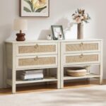 SICOTAS Night Stands Set of 2 for Bedroom, Large Bedside Tables with Drawer & Open Shelf, Wide Boho Rattan Nightstand Set Narrow Side Table for Master Bedroom - Image 2